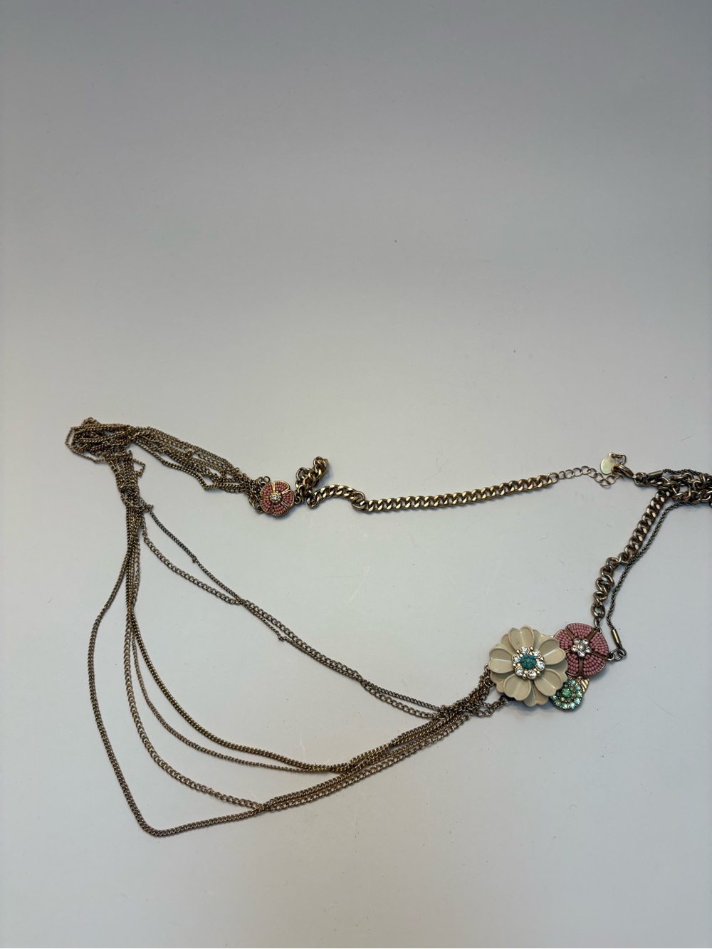Floral Multi-Chain Necklace with Pink and Cream Flowers
